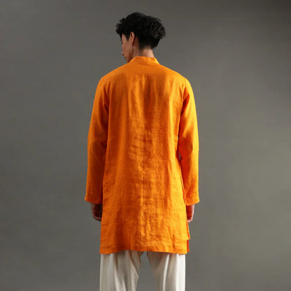 Orange Linen Kurta Set with Hand Embroidery