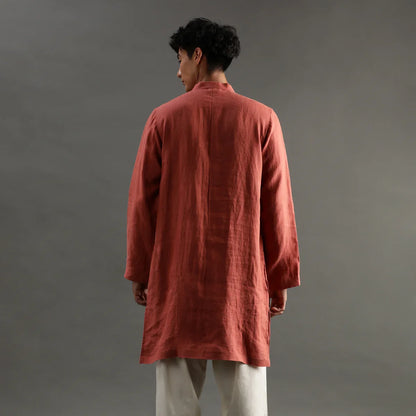 Rust Linen Kurta Pyjama Set with Hand Embroidery