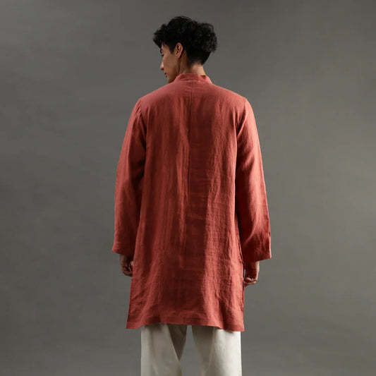Rust Linen Kurta Pyjama Set with Hand Embroidery