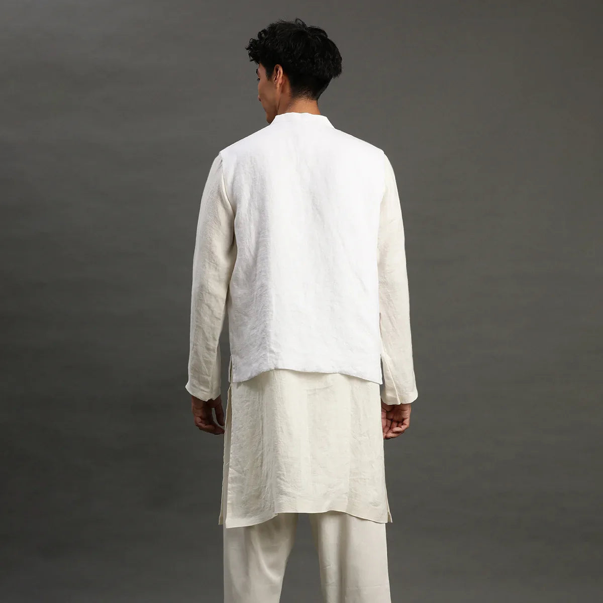 White Linen Kurta Set with Embroidered Jacket