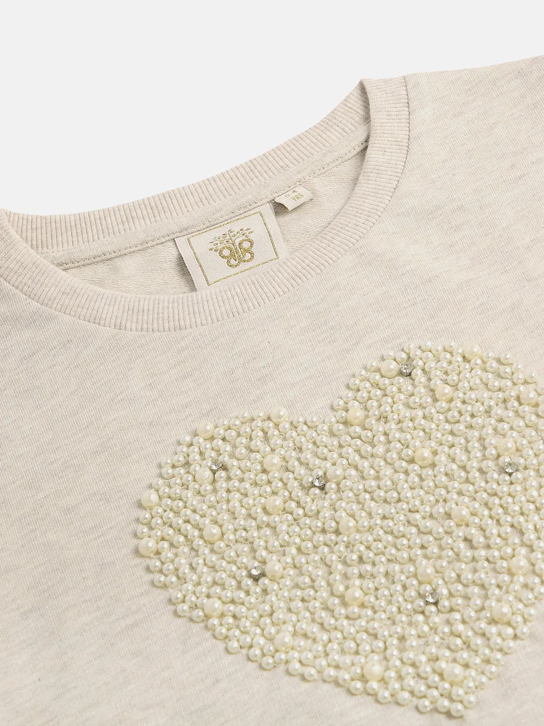 Ecru Melange Sweatshirt with Pearl Heart Embroidery