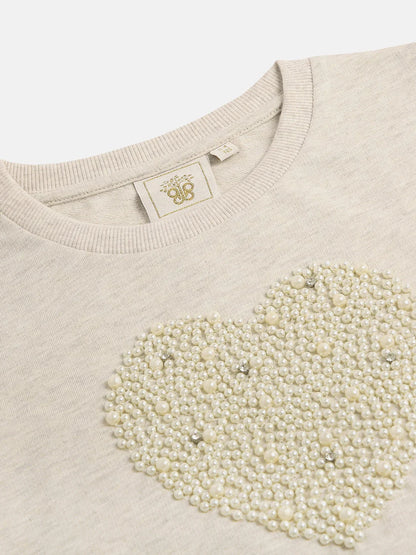 Ecru Melange Sweatshirt with Pearl Heart Embroidery