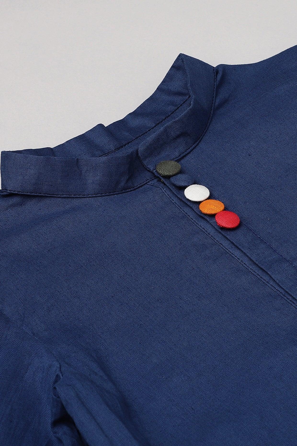 Royal Blue Cotton-Linen Short Kurta with Mandarin Collar