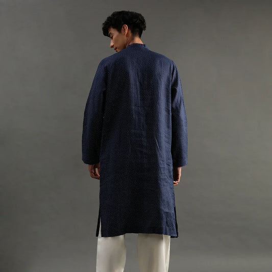 Navy Polka Dot Linen Kurta Pyjama Set for Men