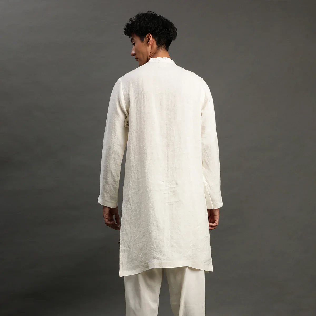 Off-White Linen Kurta Pyjama Set for Men
