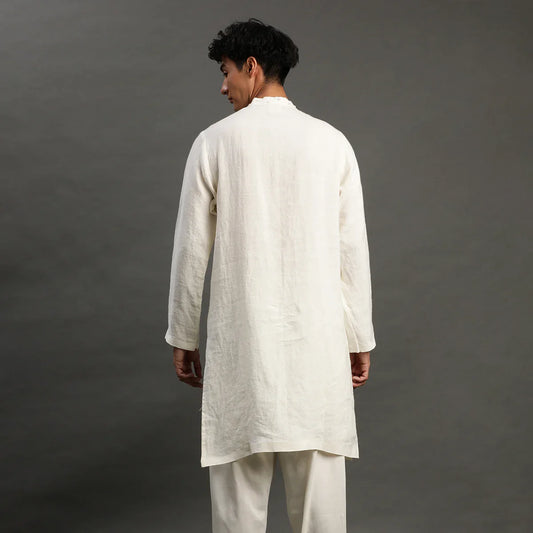 Off-White Linen Kurta Pyjama Set for Men