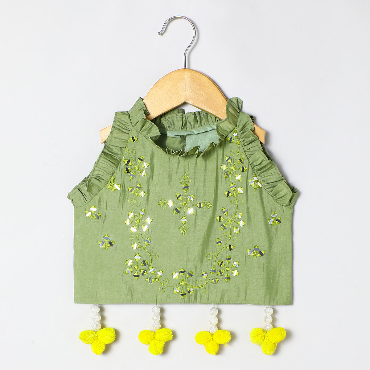 Sage green Chanderi mirror work top skirt and Dupatta