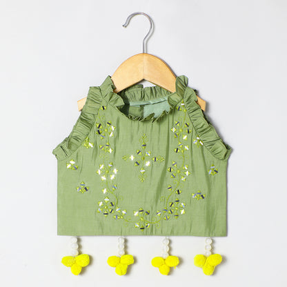 Sage green Chanderi mirror work top skirt and Dupatta