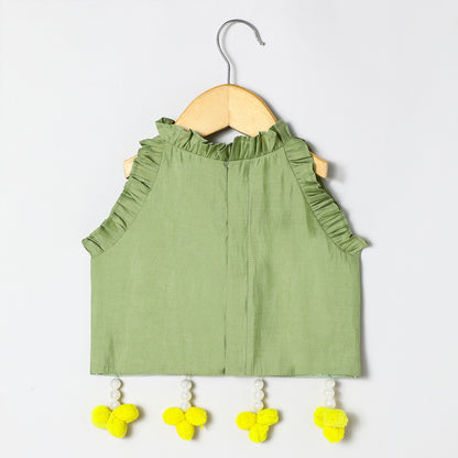 Sage green Chanderi mirror work top skirt and Dupatta