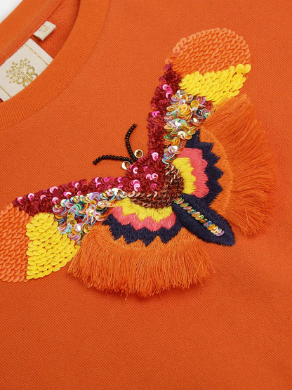 Orange Sweatshirt with Sequin Butterfly Embroidery