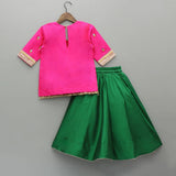 Girls pink taffeta silk embroidered lehenga set with green skirt and yellow dupatta