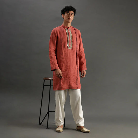 Rust Linen Kurta Pyjama Set with Hand Embroidery
