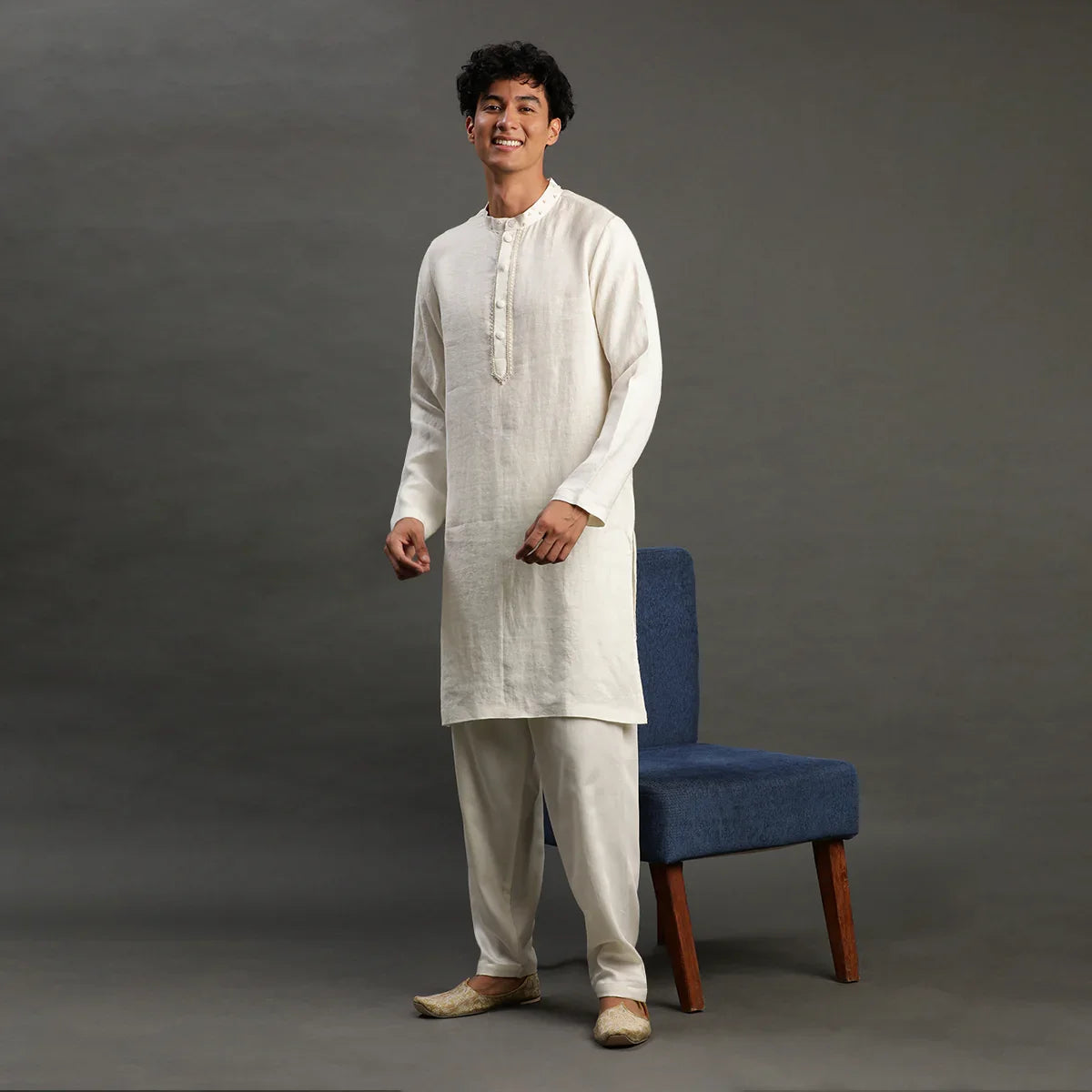 Off-White Linen Kurta Pyjama Set for Men