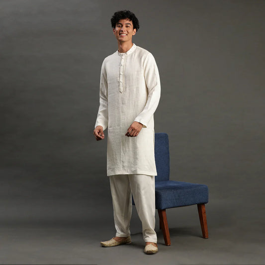 Off-White Linen Kurta Pyjama Set for Men