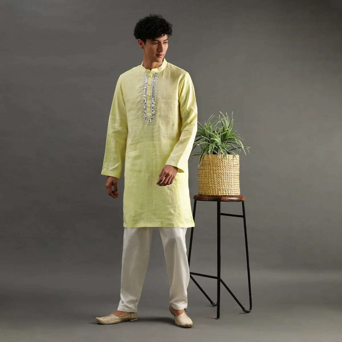 Lime Yellow Linen Kurta Pyjama Set for Men