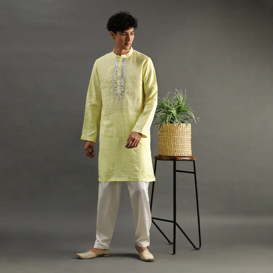 Lime Yellow Linen Kurta Pyjama Set for Men