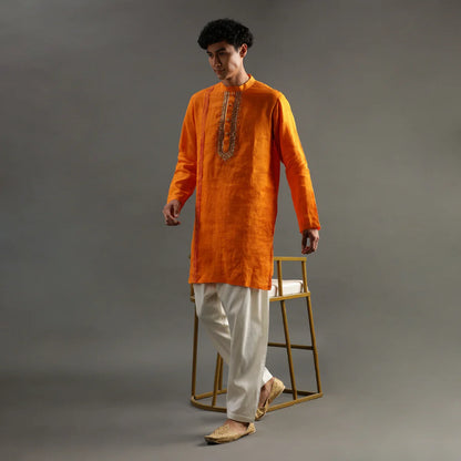 Orange Linen Kurta Set with Hand Embroidery