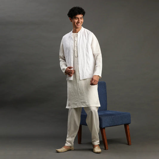 White Linen Kurta Set with Embroidered Jacket