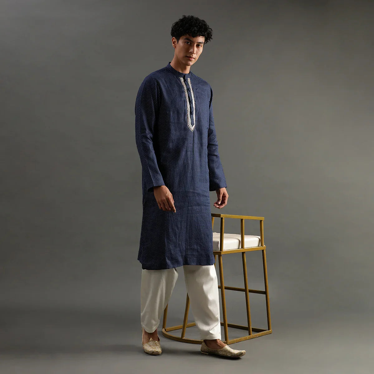 Navy Polka Dot Linen Kurta Pyjama Set for Men