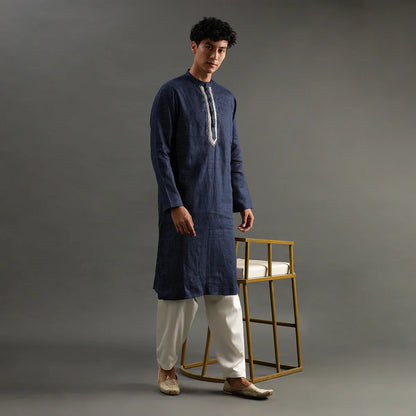 Navy Polka Dot Linen Kurta Pyjama Set for Men