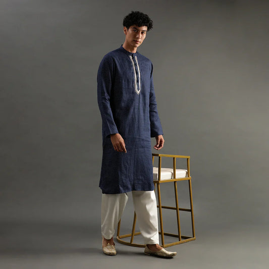 Navy Polka Dot Linen Kurta Pyjama Set for Men