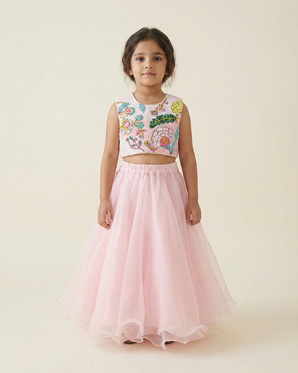 girls embroidered crop top with pink skirt party wear
