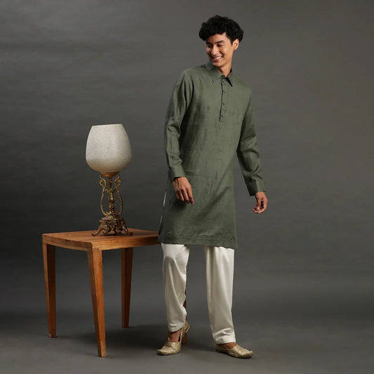 2Pcs Olive Linen Kurta Set