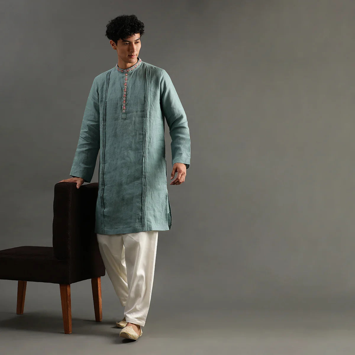 Sage Green Linen Kurta Pyjama Set with Hand Embroidery