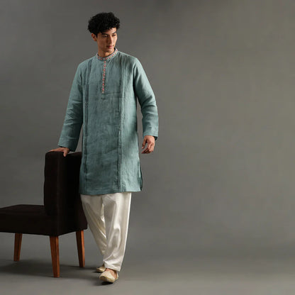 Sage Green Linen Kurta Pyjama Set with Hand Embroidery