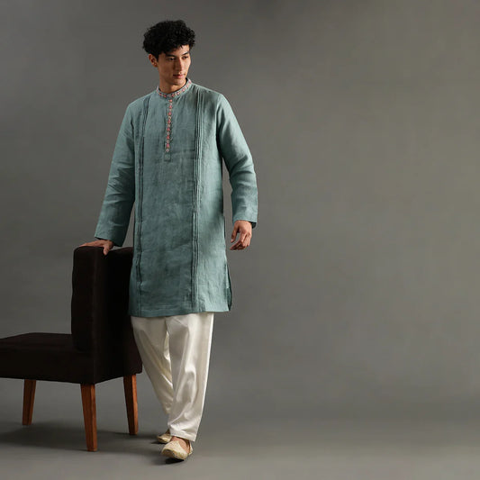 Sage Green Linen Kurta Pyjama Set with Hand Embroidery