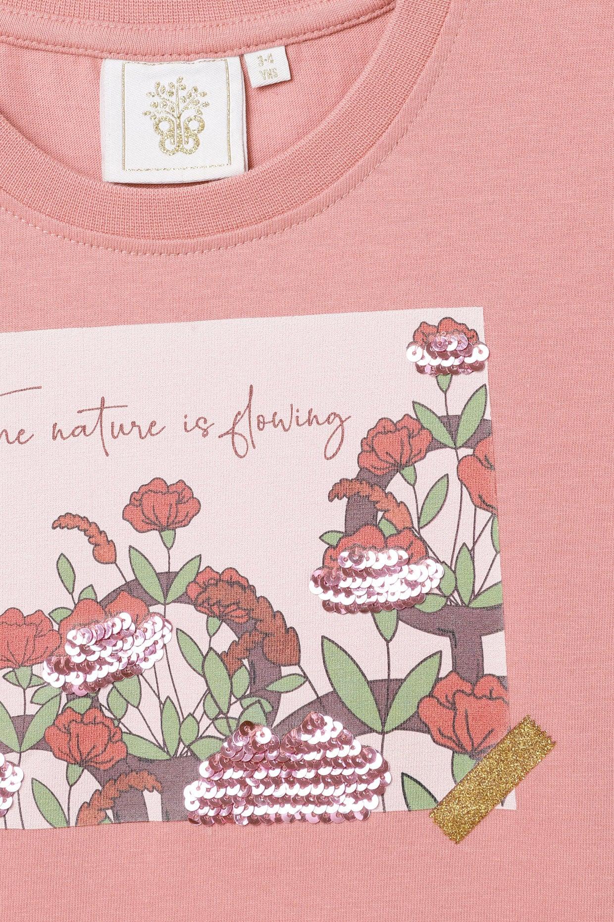 Blush Pink Reversible Sequin Nature Print T-Shirt for Girls