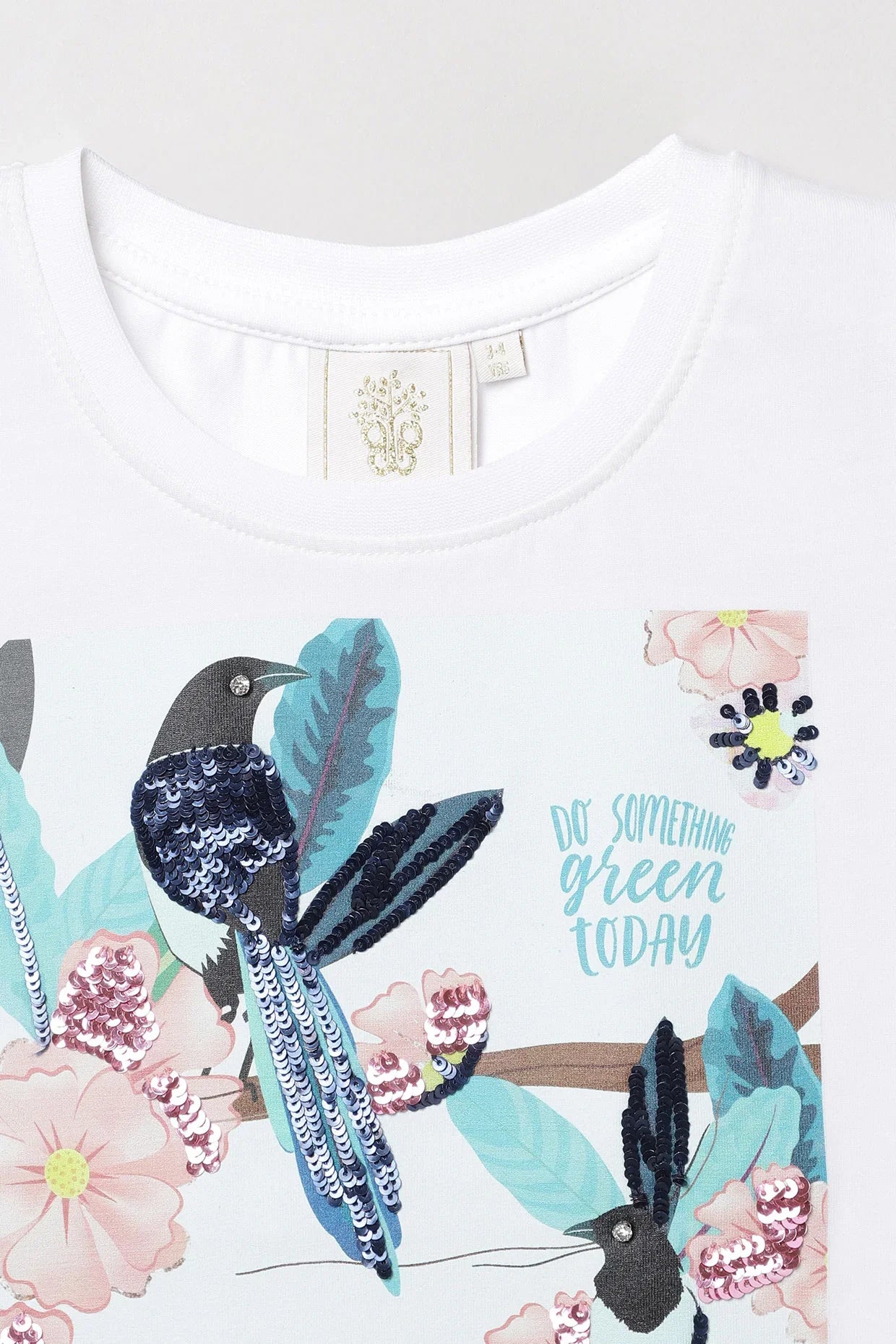 White Bird & Flower Printed T-Shirt with Sequin Detail