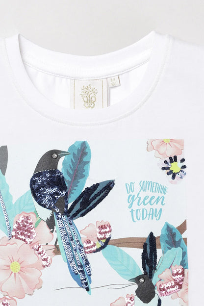 White Bird & Flower Printed T-Shirt with Sequin Detail