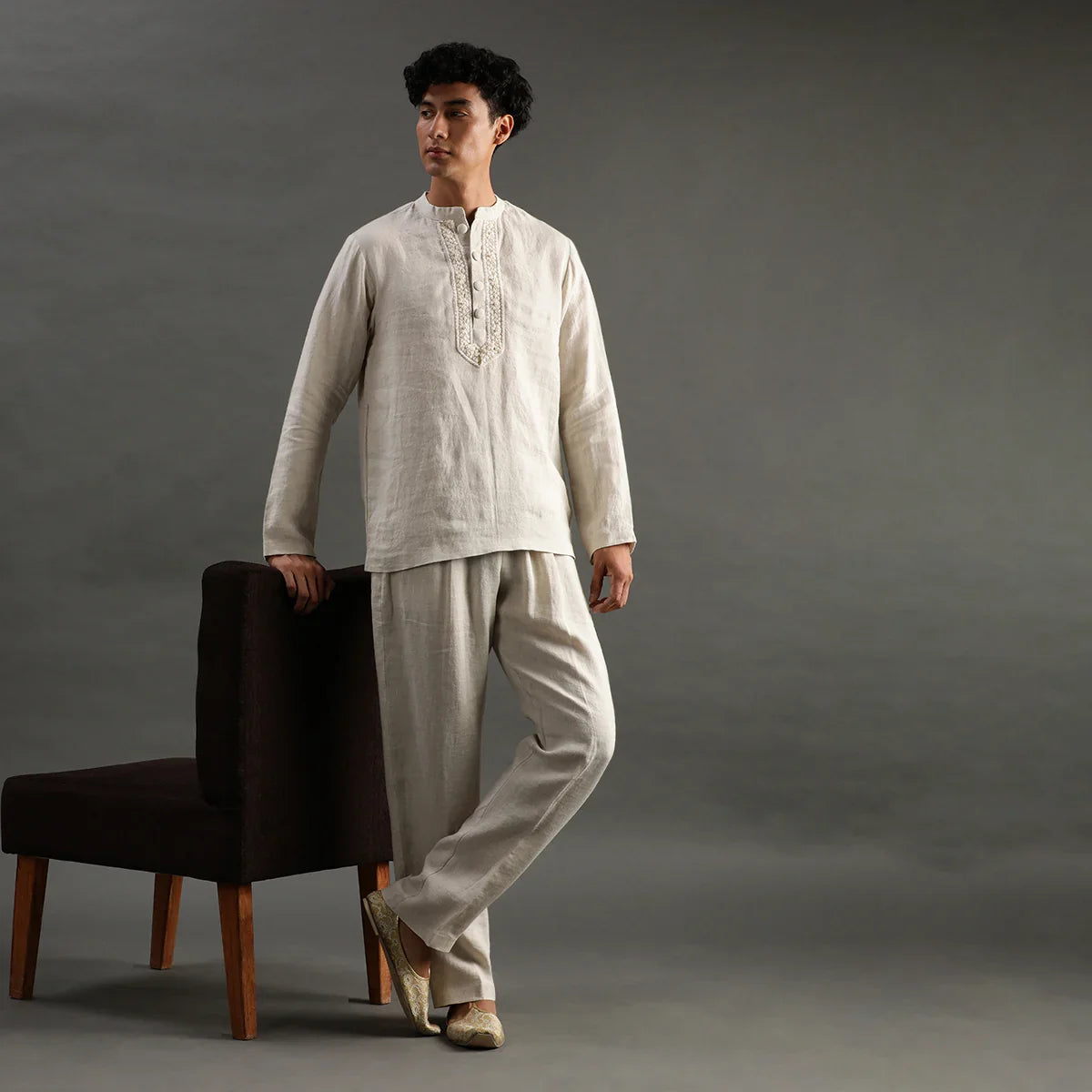 Beige Linen Short Kurta Pyjama Set with Embroidered Placket
