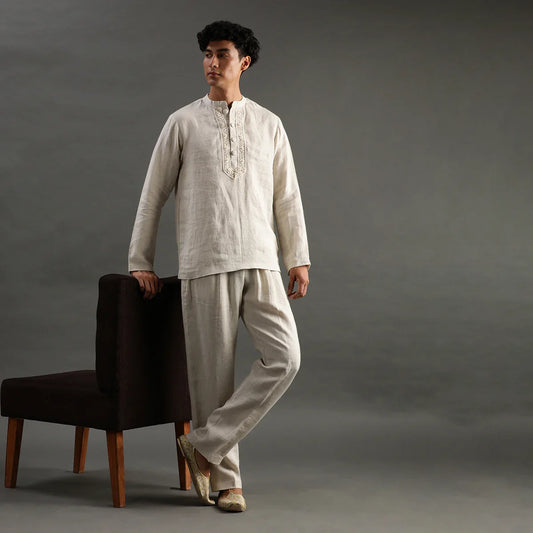Beige Linen Short Kurta Pyjama Set with Embroidered Placket