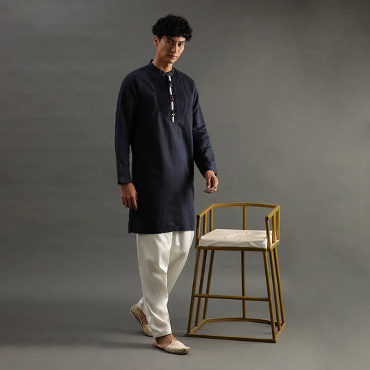 Navy Pintuck Linen Kurta Pyjama Set for Men