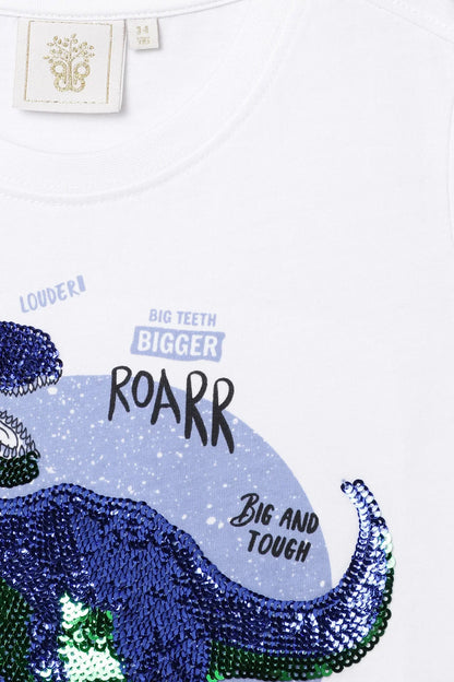 White Sequin Dinosaur Graphic T-Shirt for Kids