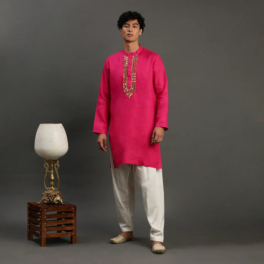 Fuchsia Pink Linen Kurta Pyjama Set for Men
