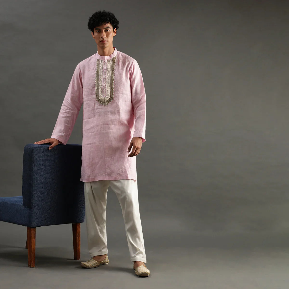 Light Pink Linen Kurta Pyjama Set with Hand Embroidery