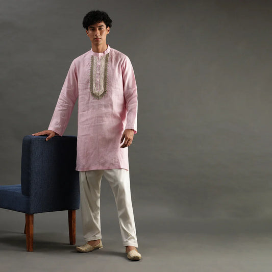 Light Pink Linen Kurta Pyjama Set with Hand Embroidery