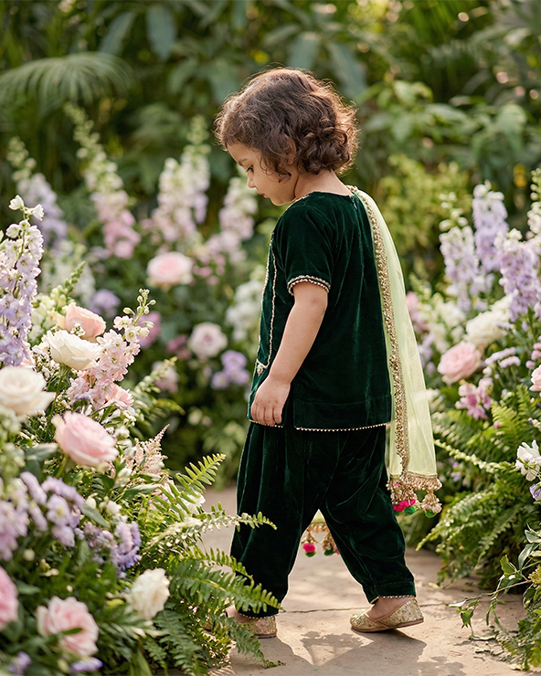 Emerald Green Velvet Kurta Salwar Set for Girls with Dupatta