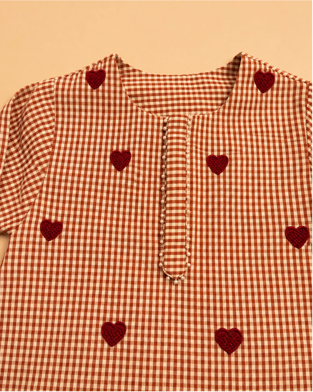Baby Boys Maroon Gingham Cotton Kurta with Dhoti Pants Set