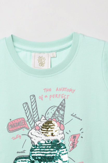 Fresh Teal Reversible Sequin Drink Print T-Shirt for Girls