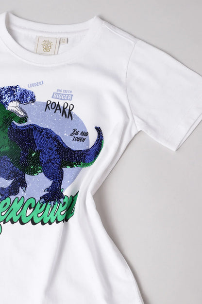 White Sequin Dinosaur Graphic T-Shirt for Kids