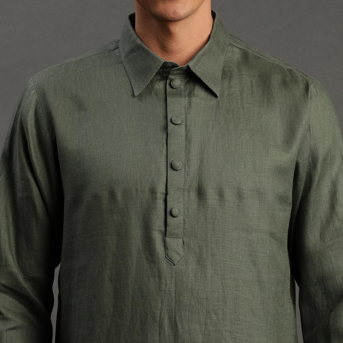 2Pcs Olive Linen Kurta Set