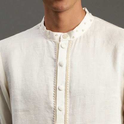 Off-White Linen Kurta Pyjama Set for Men