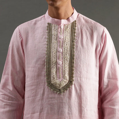 Light Pink Linen Kurta Pyjama Set with Hand Embroidery