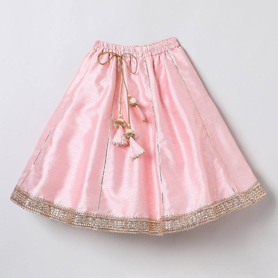 Baby pink raw silk goat work anarkali skirt and top set