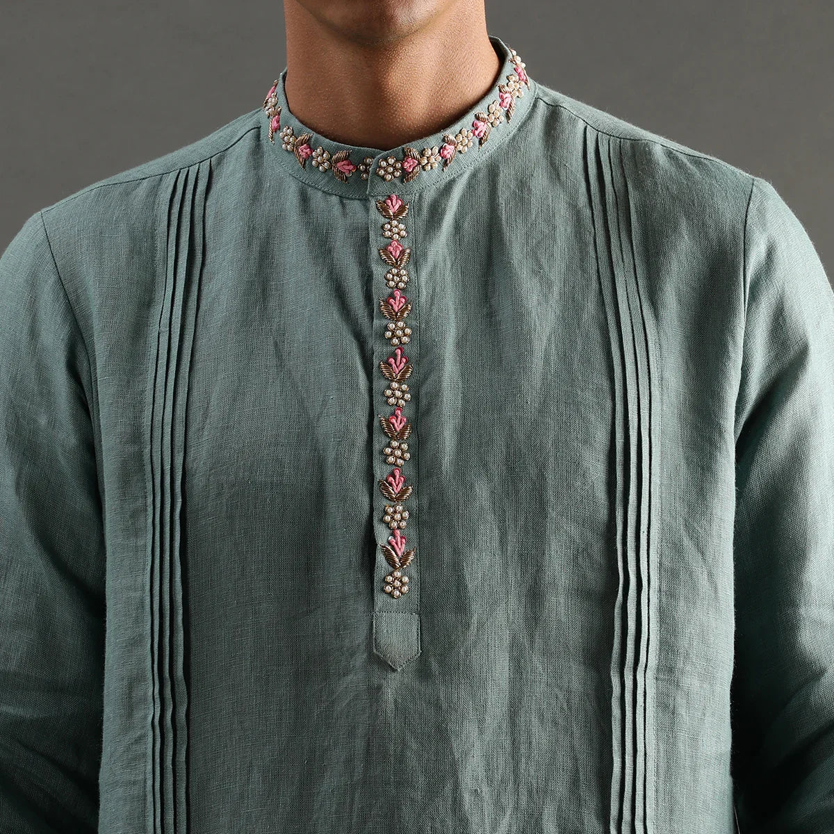 Sage Green Linen Kurta Pyjama Set with Hand Embroidery