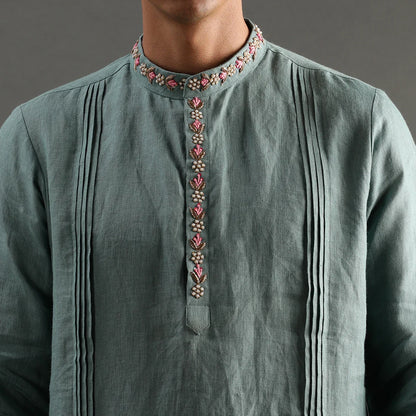 Sage Green Linen Kurta Pyjama Set with Hand Embroidery